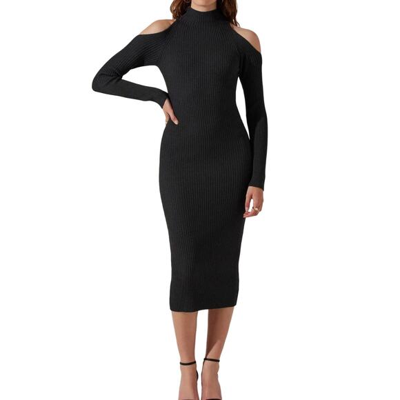ASTR Charcoal Gray Cold Shoulder Mock Neck Bodycon Midi Sweater Dress Medium NWT - Picture 1 of 14